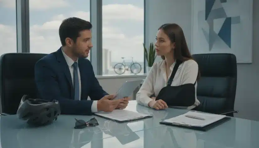 Bicycle accident victim in an arm sling meets with an attorney to discuss settlement and compensation.