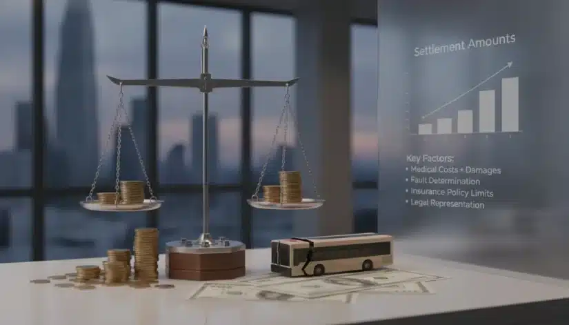 Toy bus, scales, coins, and cash representing bus accident settlement amounts.