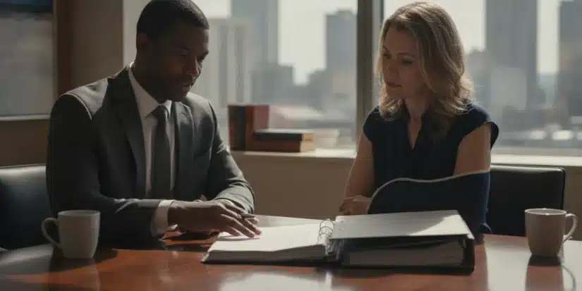 Attorney reviewing injury claim documents with a client in a quiet office