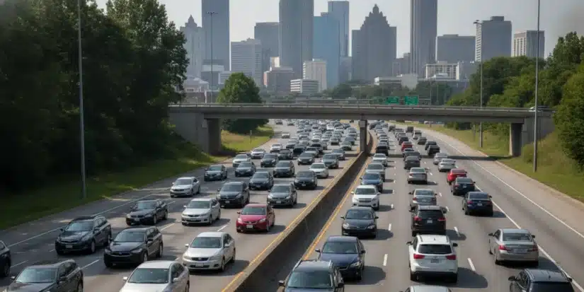 Atlanta-area traffic moving along a Georgia highway in daylight
