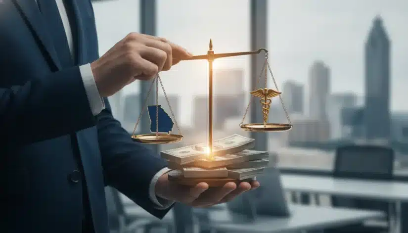 Scales of justice with a Georgia outline, medical symbol, and cash for catastrophic injury compensation.