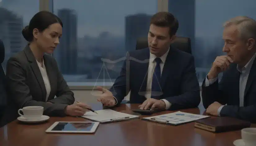Three people in business attire discuss documents about a wrongful death settlement.