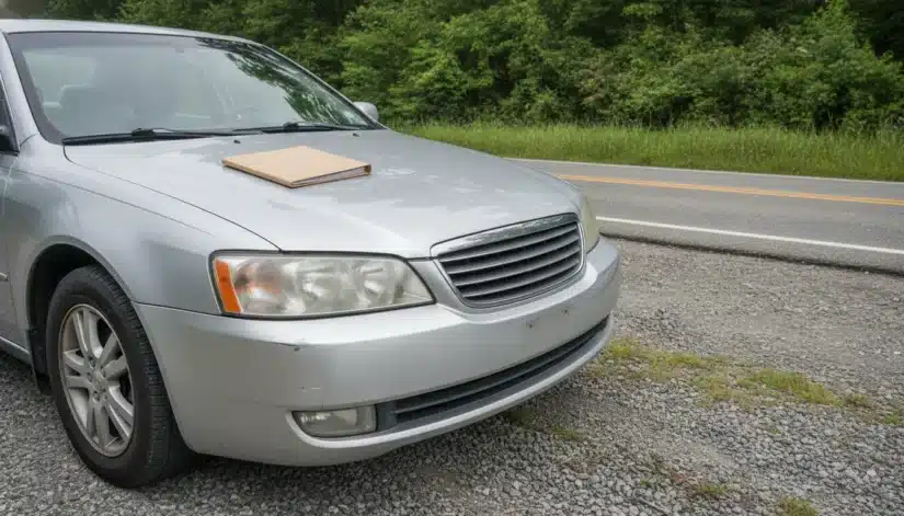 Dented silver sedan parked on a Georgia roadside shoulder with a closed folder on the hood