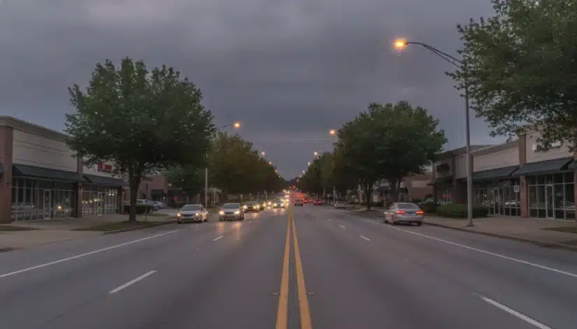 Evening traffic on a multi-lane Georgia boulevard, with no crash, vehicles, or people in distress shown