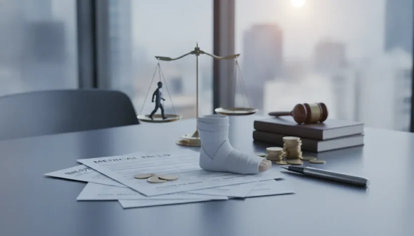 Pedestrian accident compensation represented by medical bills, a bandaged foot, scales, coins, and a gavel.